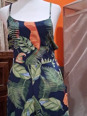 Tropical Leaf Navy Spaghetti-Strap Jumpsuit